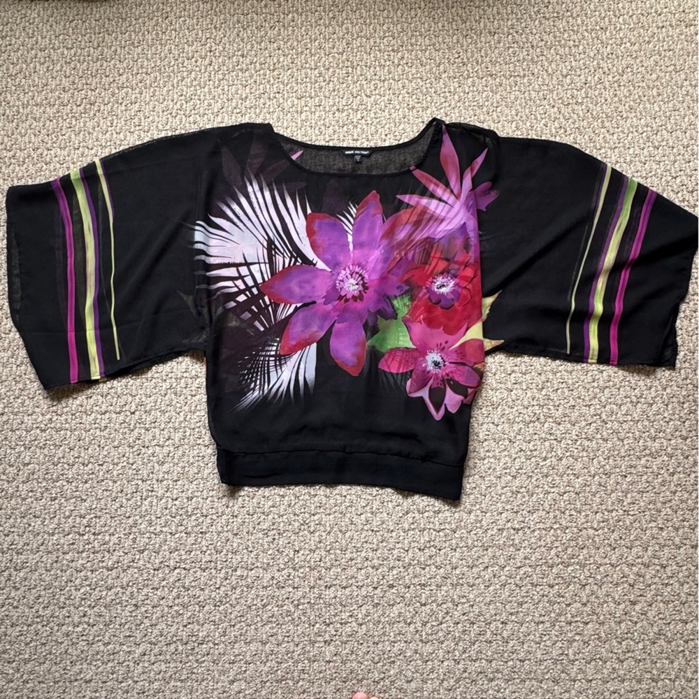 Vintage Black Sheer Long Sleeve Blouse with Vibrant Floral Design Small - Picture 2 of 14